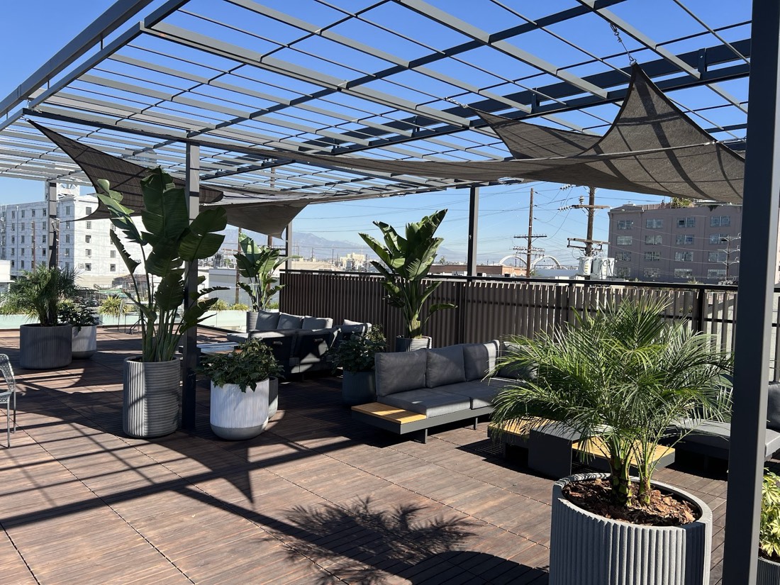 Potted palms and lounge seating beneath shade sails on a rooftop amenity deck